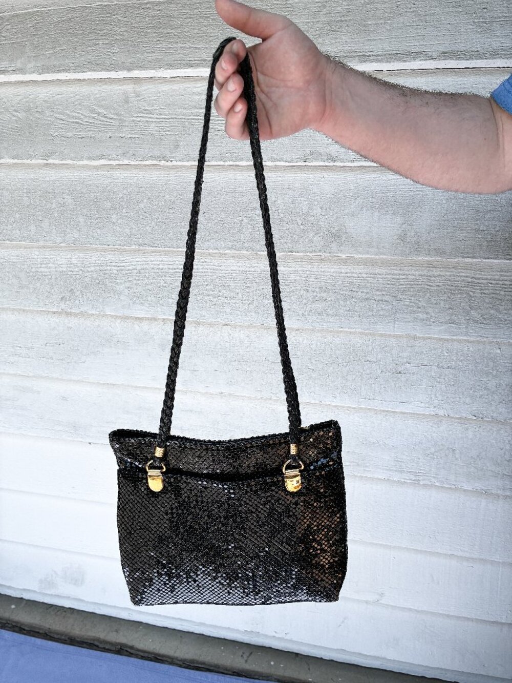 Black Metal Mesh Shoulder Bag Evening Purse Braided Straps & Gold Hardware